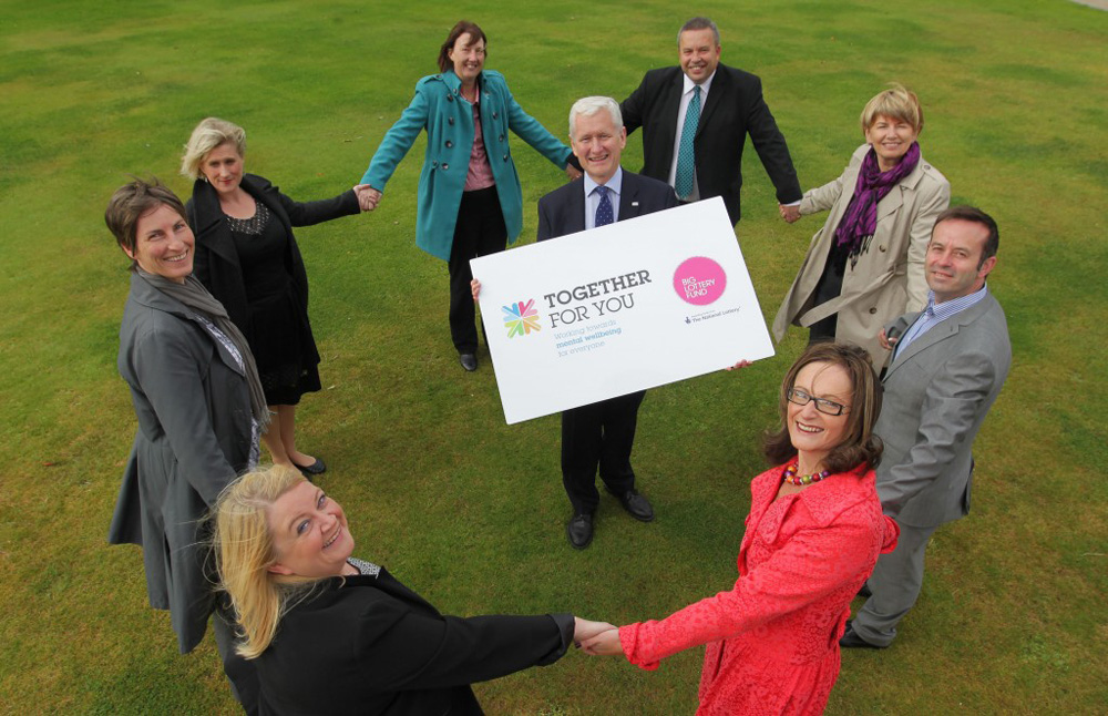 From bottom left, Clockwise: Fiona Scullion, Mindwise; Julie Harrison, Big Lottery Fund Committee Member, Maire Grattan, Cause; Pam Hunter, Nexus NI; Dave Murphy, Relate NI; Anne Townsend, Cruse;  Paul Collins, Praxiscare; Siobhan Doherty, Aware Defeat Depression; help David Babington, CEO of Action Mental Health launch Together For You, the first ever partnership of mental health organisations in Northern Ireland which is coming together thanks to £3m from the Big Lottery Fund. 