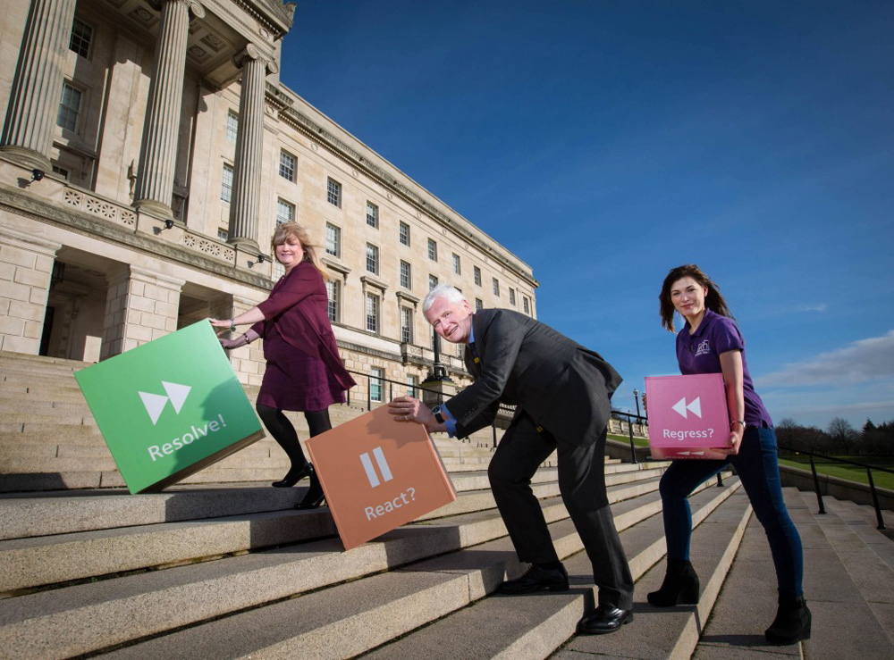 Making the big push to resolve Mental Health Service Provision - Chair of the Health Committee Maeve McLaughlin MLA, AMH Chief Executive David Babington and AMH Communications Officer Amy Black.