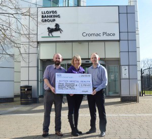 Lloyds Cheque Presentation (L-R) Martin Meighan; Lloyds, Tricia Browne; AMH, Darryl Northrop; Lloyds