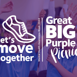 Image shows a classroom of children in blue polo shirts, raising their hands excitedly. Laid over the image is the logo for Action Mental Health's Fundraising campaign: it shoes a running shoe, and reads 'Let's Move Together - Mental Health Awareness Week 2024' and Great BIG Purple picnic.