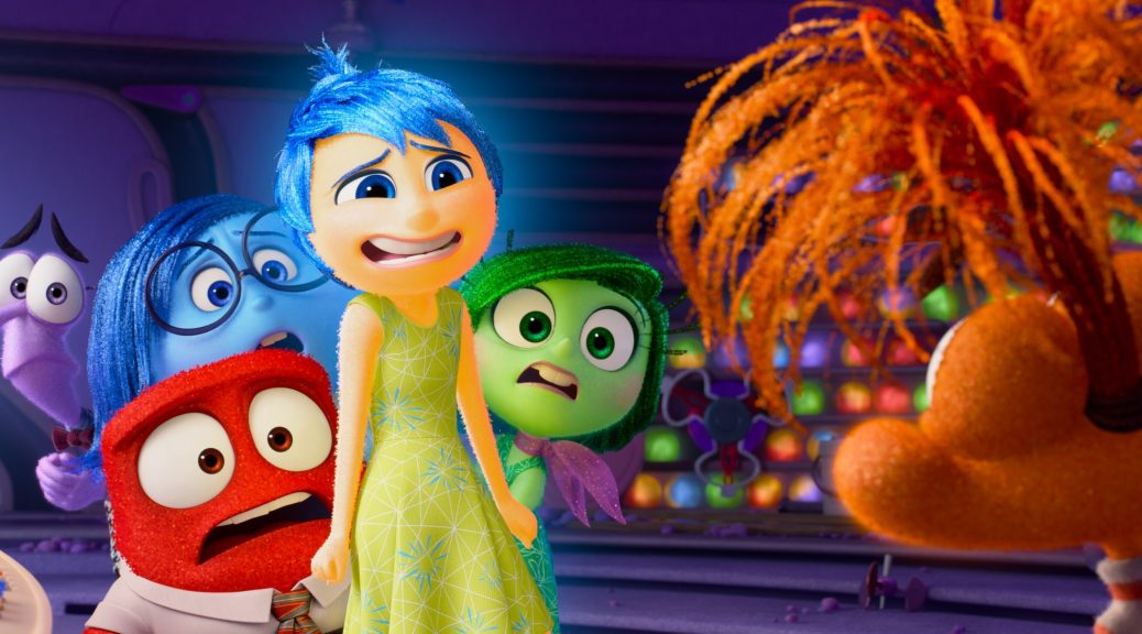 Joy and the other original Inside Out emotions cowering away from the new emotion, Anxiety.