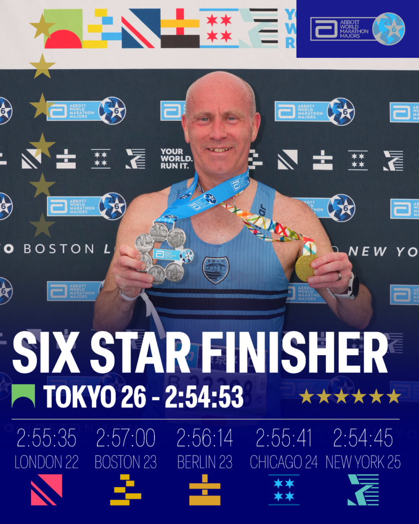 Stuart holding his medals. The graphic says 'Six Star Finisher' and displays Stuart's times for all 6 of the World Marathon Majors.