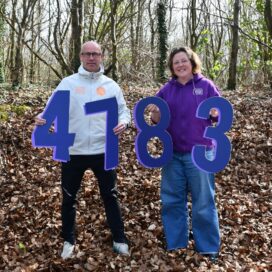 Fundraiser, Stuart McIver, stand with Jane from Action Mental Health, showing his fundraising total of £4783.