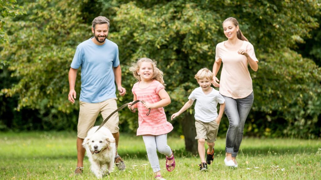 A family walking the dog through a park.